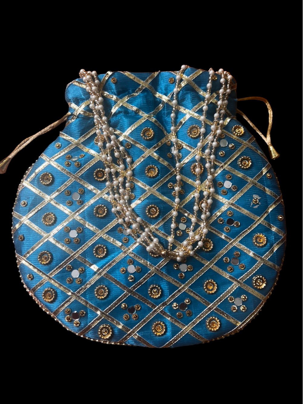 Blue Embellished Women’s Potli Bag with Pearled Strap